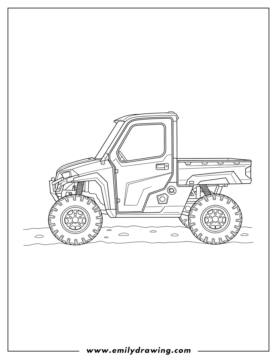 Linear illustration of polaris Enclosed Cab Utility UTV with Rear Cargo Bed, side view, large off-road tires