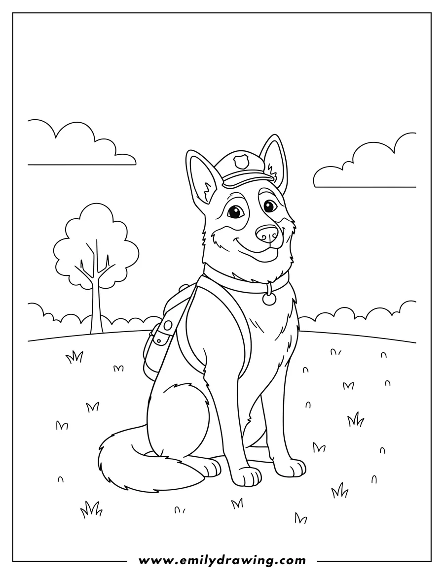 Free to print drawing of simple Police Dog Chase sitting, wearing his cap and backpack
