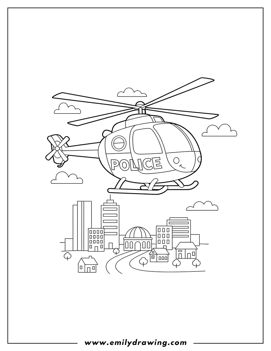 Clean line drawing: police Helicopter Flying Over City with 'POLICE' Written on its Side