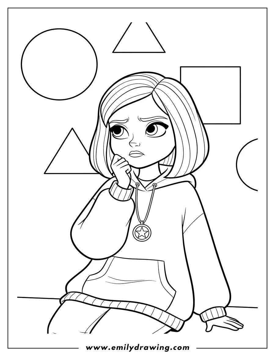 Linear illustration of polly Pocket in a thinking pose, wearing a hoodie and pendant necklace