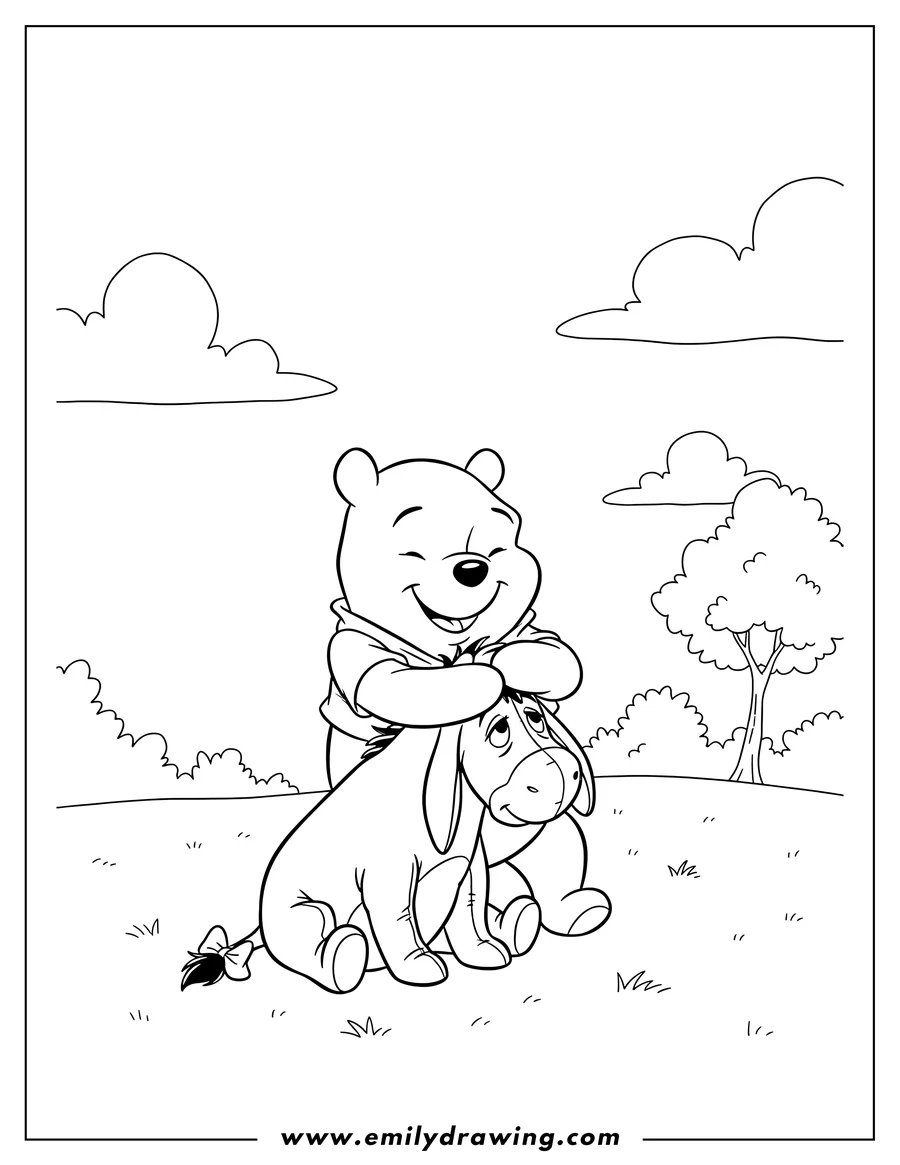 Full page coloring image of pooh Hugging Eeyore, Pooh smiling with closed eyes, Eeyore sitting