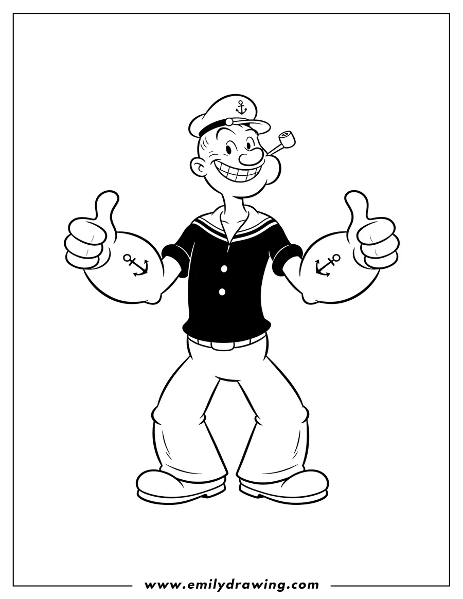 Coloring sheet featuring simple Popeye Giving Two Thumbs Up, smiling, with a pipe in his mouth