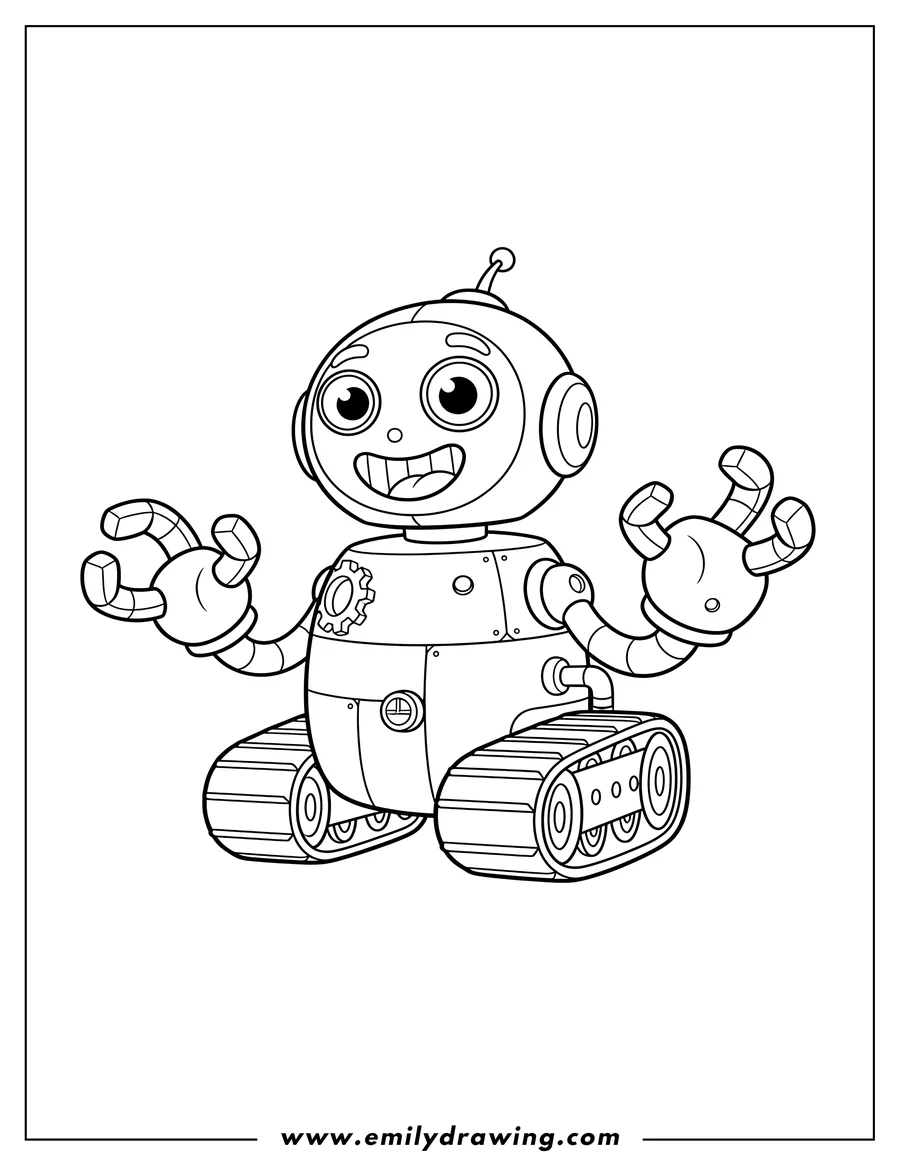Coloring page of poppy Playtime Boogie Bot with tank treads and claw hands