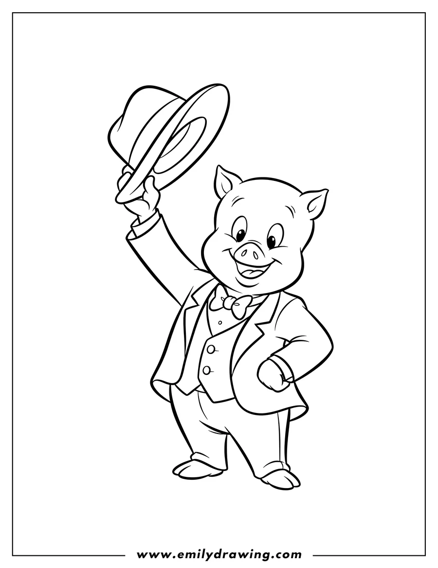 Free printable coloring sheet of porky Pig from Looney Tunes wearing a suit and bowtie, holding a hat up and smiling