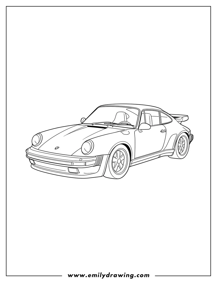 High quality printable simple Porsche 911 Turbo, 3/4 front view, with wide body and rear spoiler for coloring