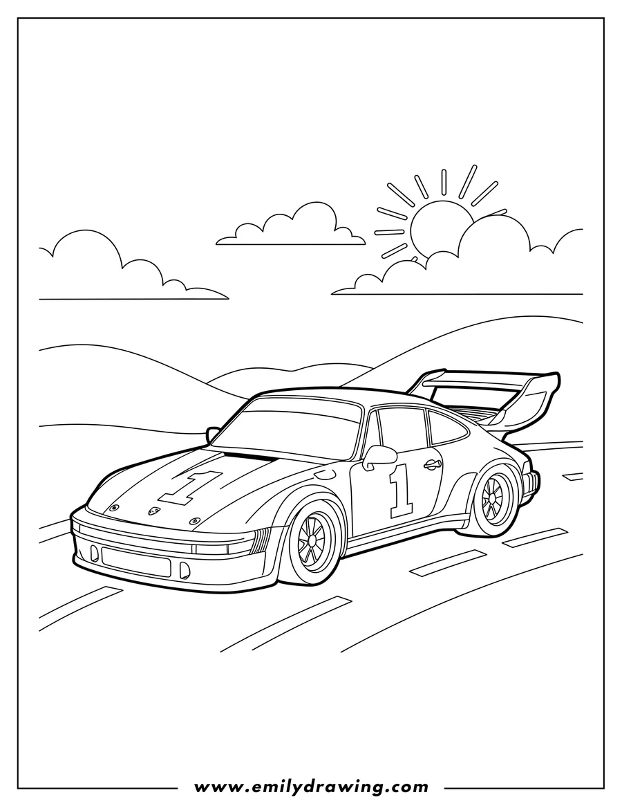 Printable coloring page of porsche 930 race car with a big spoiler and number 1, driving on a road