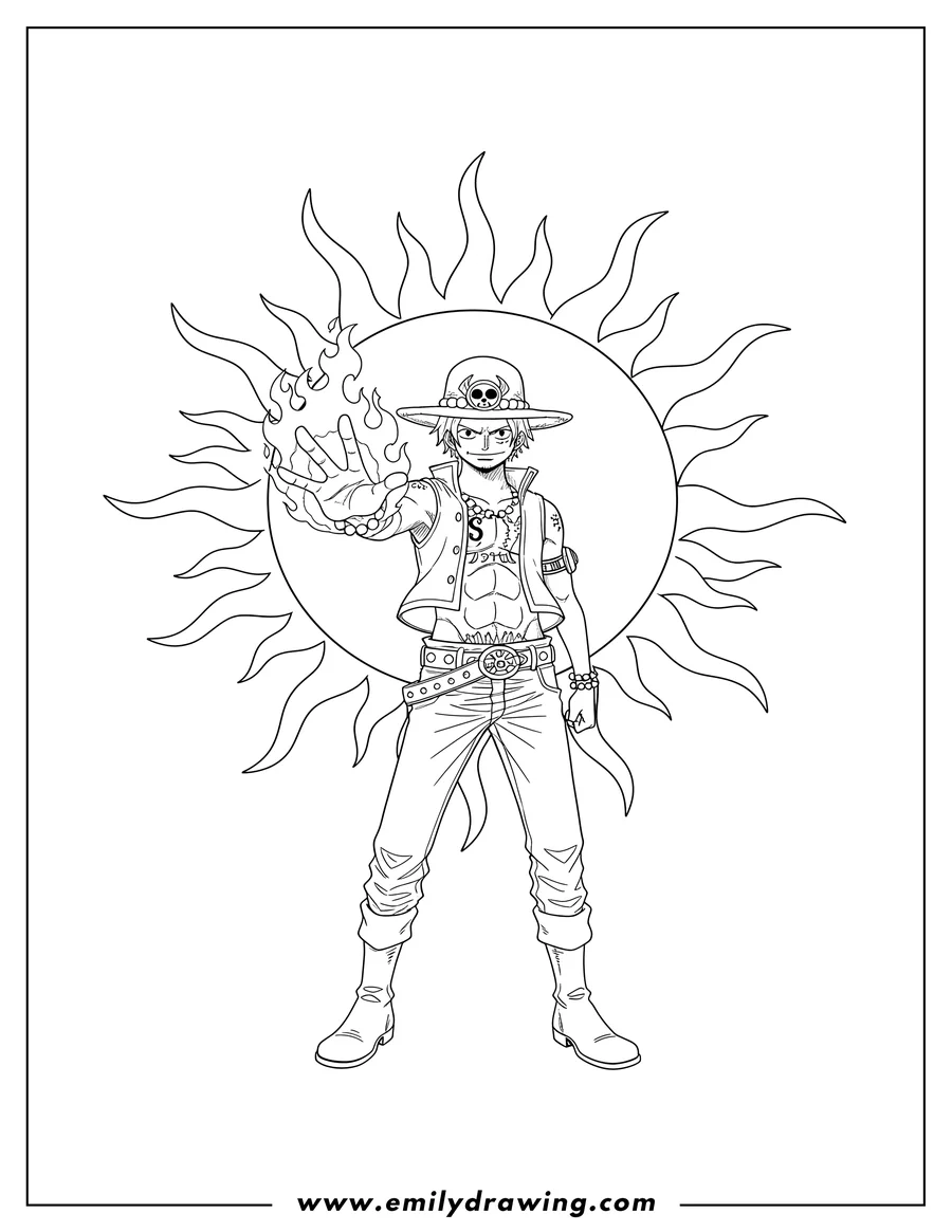 Clean line drawing: portgas D. Ace extending his hand forward, wearing his hat, with a large sun behind him