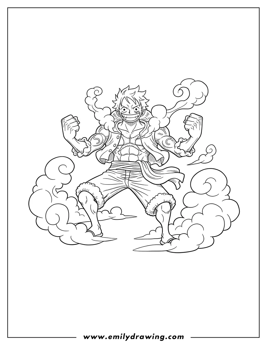 Black and white line art of powerful Luffy 5th Gear Style, standing and grinning with cloud effects