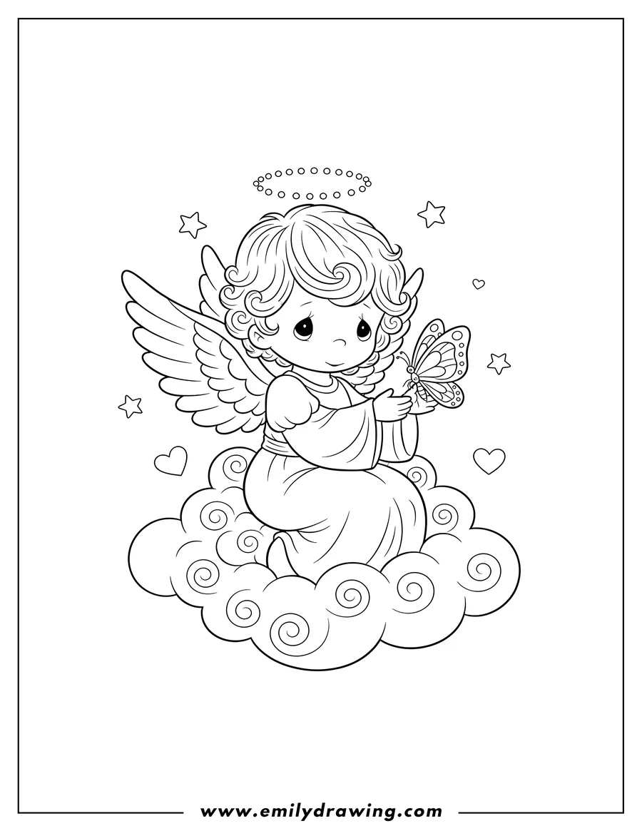 Free to print drawing of precious Moments angel holding a butterfly on clouds
