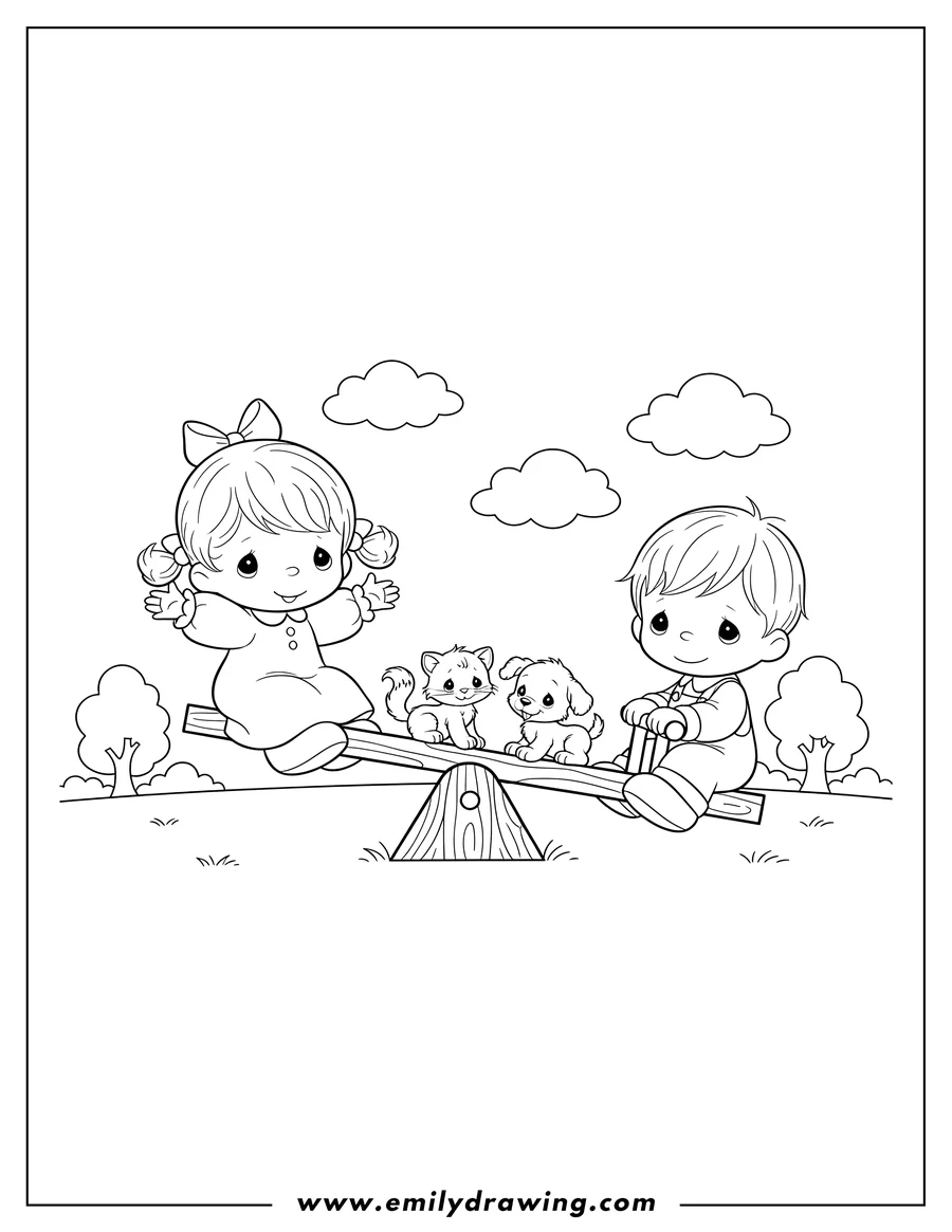 Full page coloring image of simple Precious Moments children playing on a seesaw with a kitten and puppy