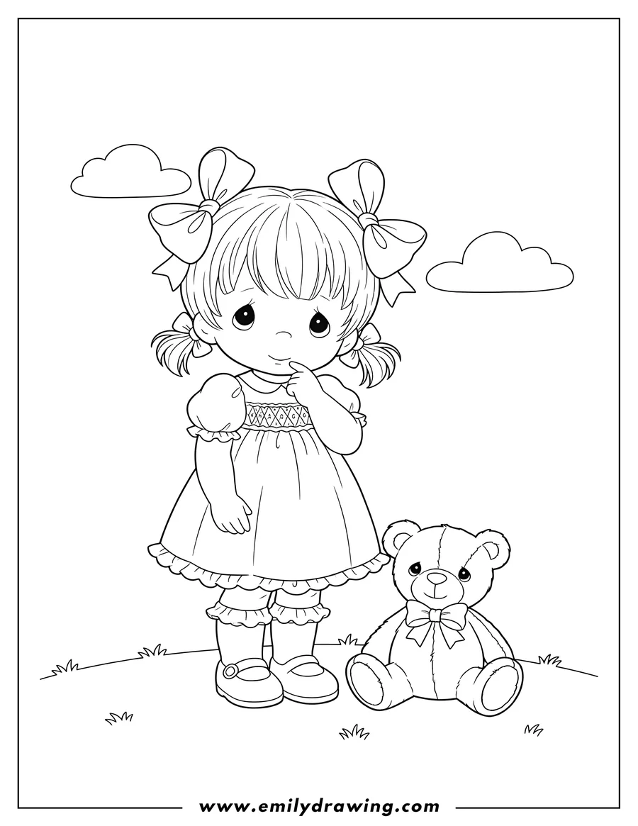 Coloring page of precious Moments Toddler with pigtails and bows, hand to chin, standing with a teddy bear sitting beside her