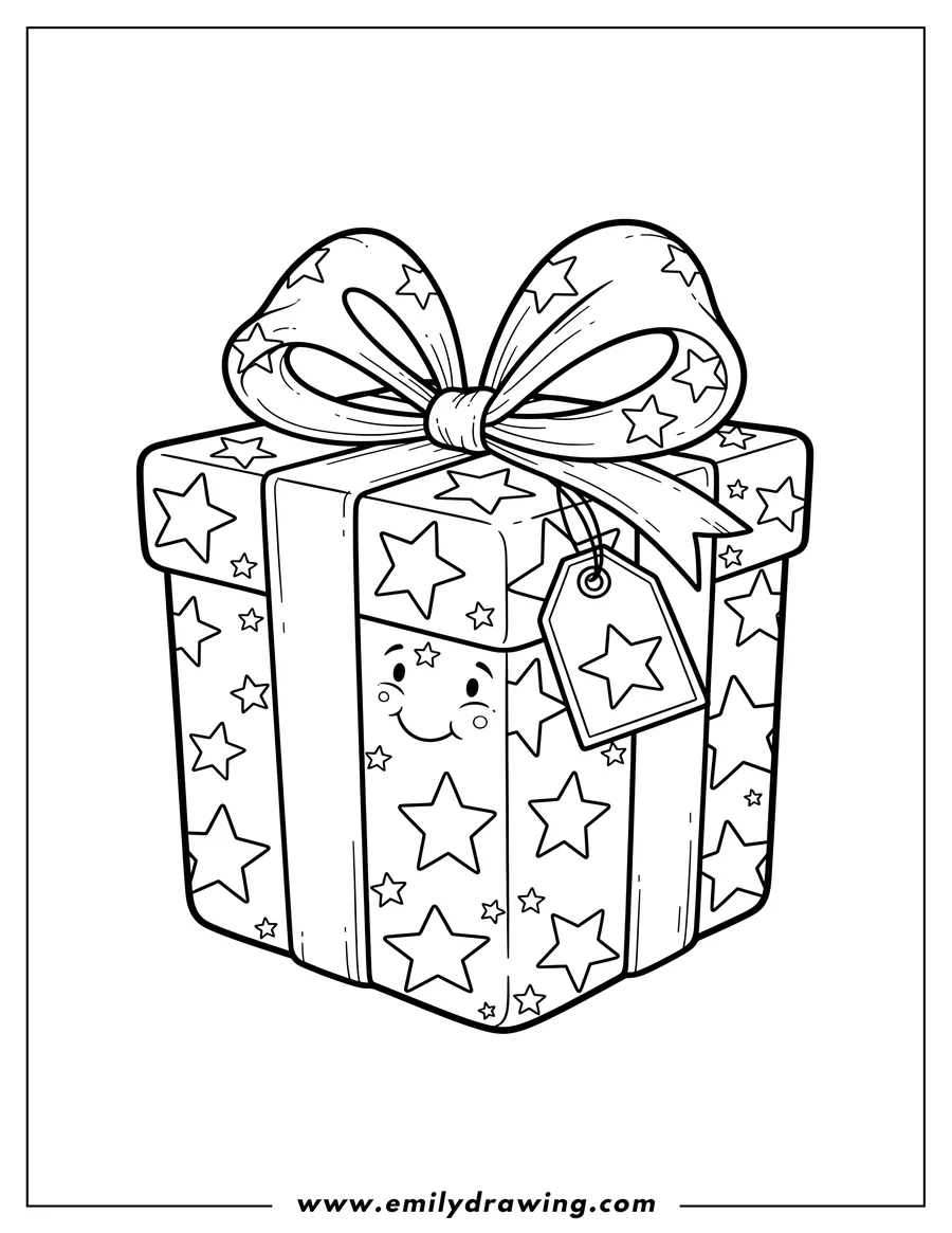 Doodle style coloring picture of simple Present with a Bow and Star Patterns