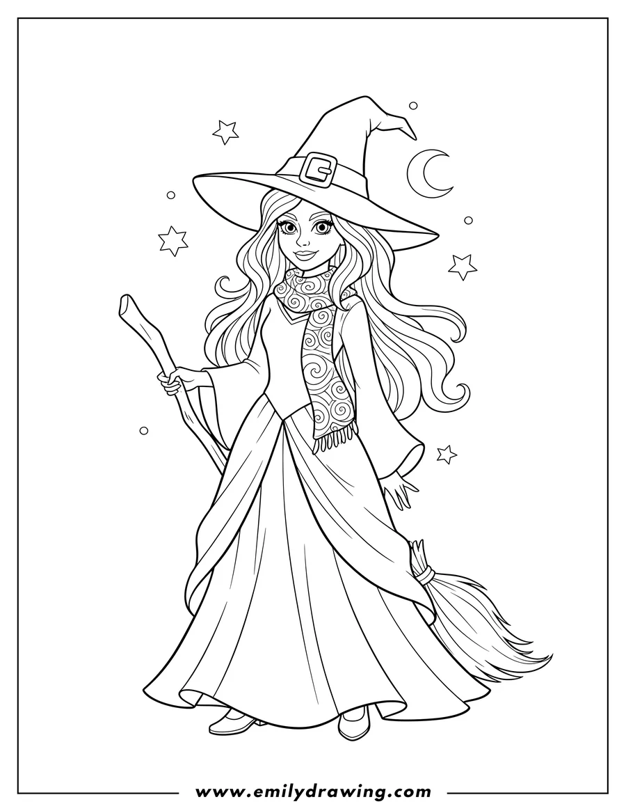 Linear illustration of pretty Elphaba wearing a witch's hat, with long wavy hair and a scarf