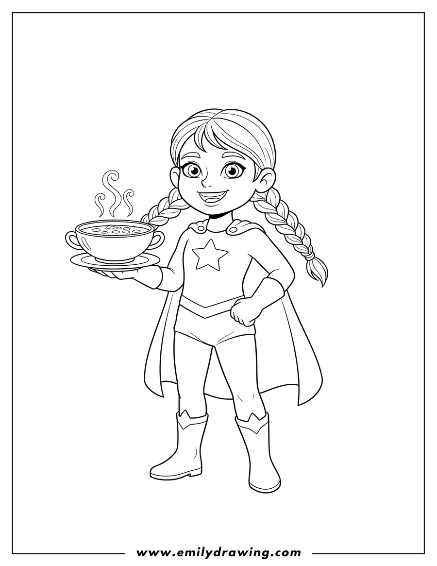 Full page coloring image of pretty Hero Girl with braids, smiling and holding a bowl of soup on a saucer