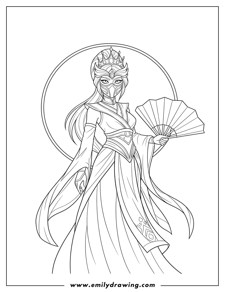 Coloring page of pretty Kitana wearing a mask and crown, holding her fan blade