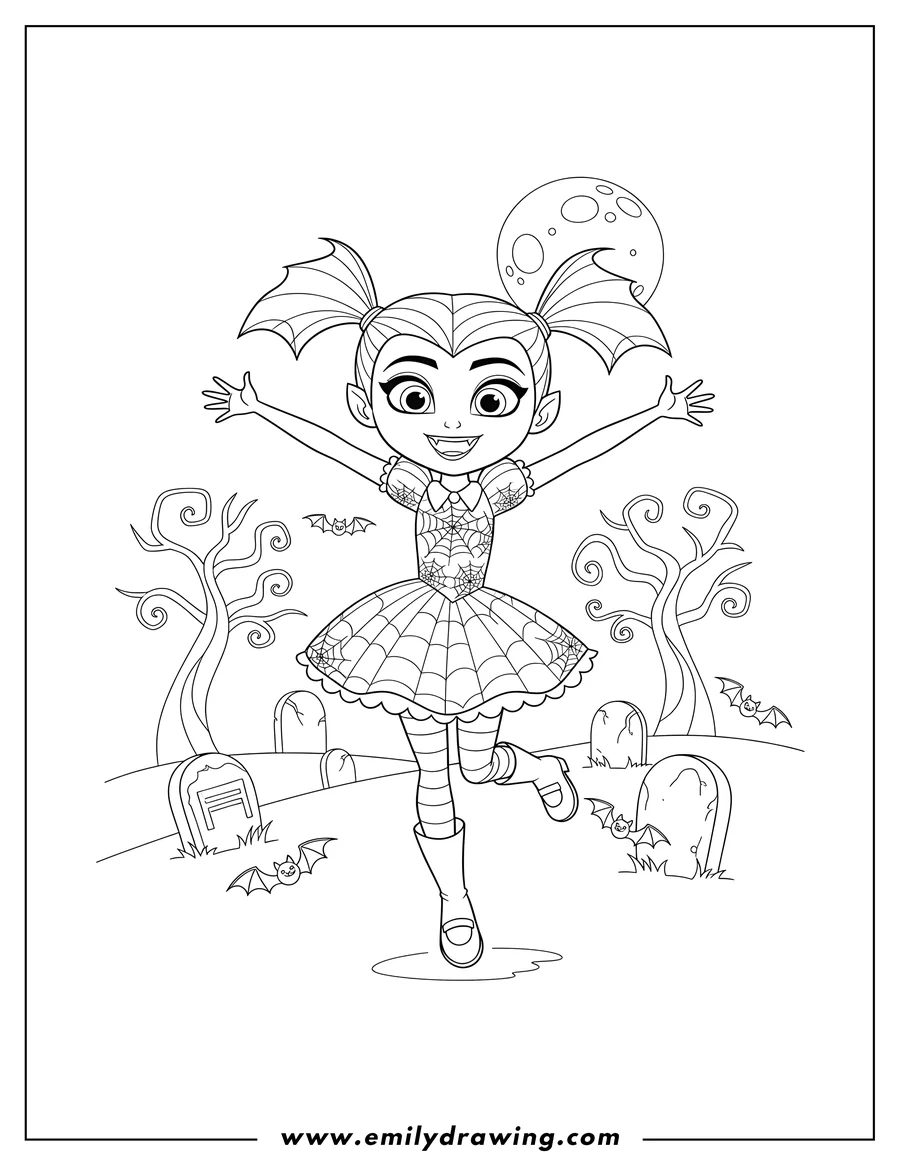 Full page coloring image of pretty Vampirina skipping happily with arms open wide in a cemetery