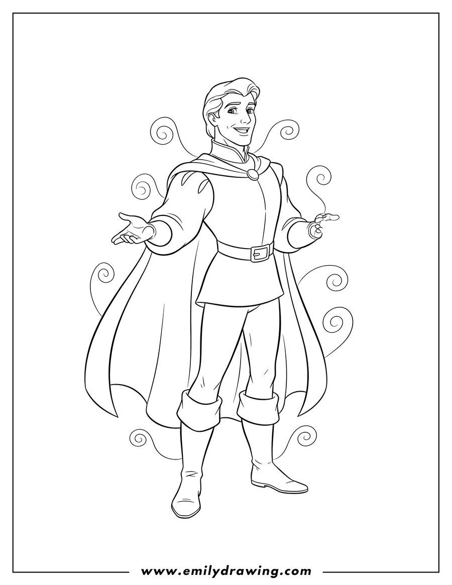 Coloring page of prince Phillip from Sleeping Beauty standing, smiling, and gesturing with an outstretched hand