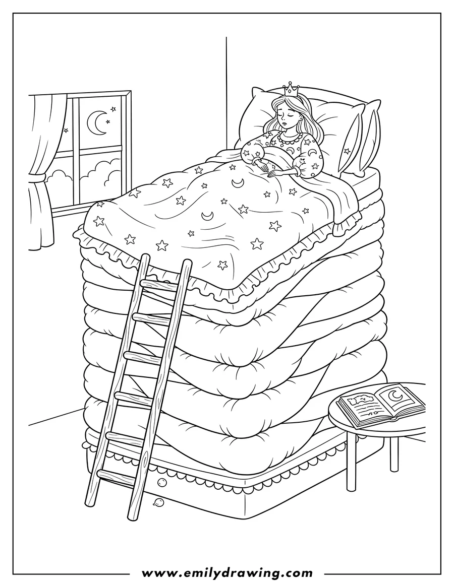 Simple sketch of princess and Pea, a princess lying in a tall bed with a ladder to color