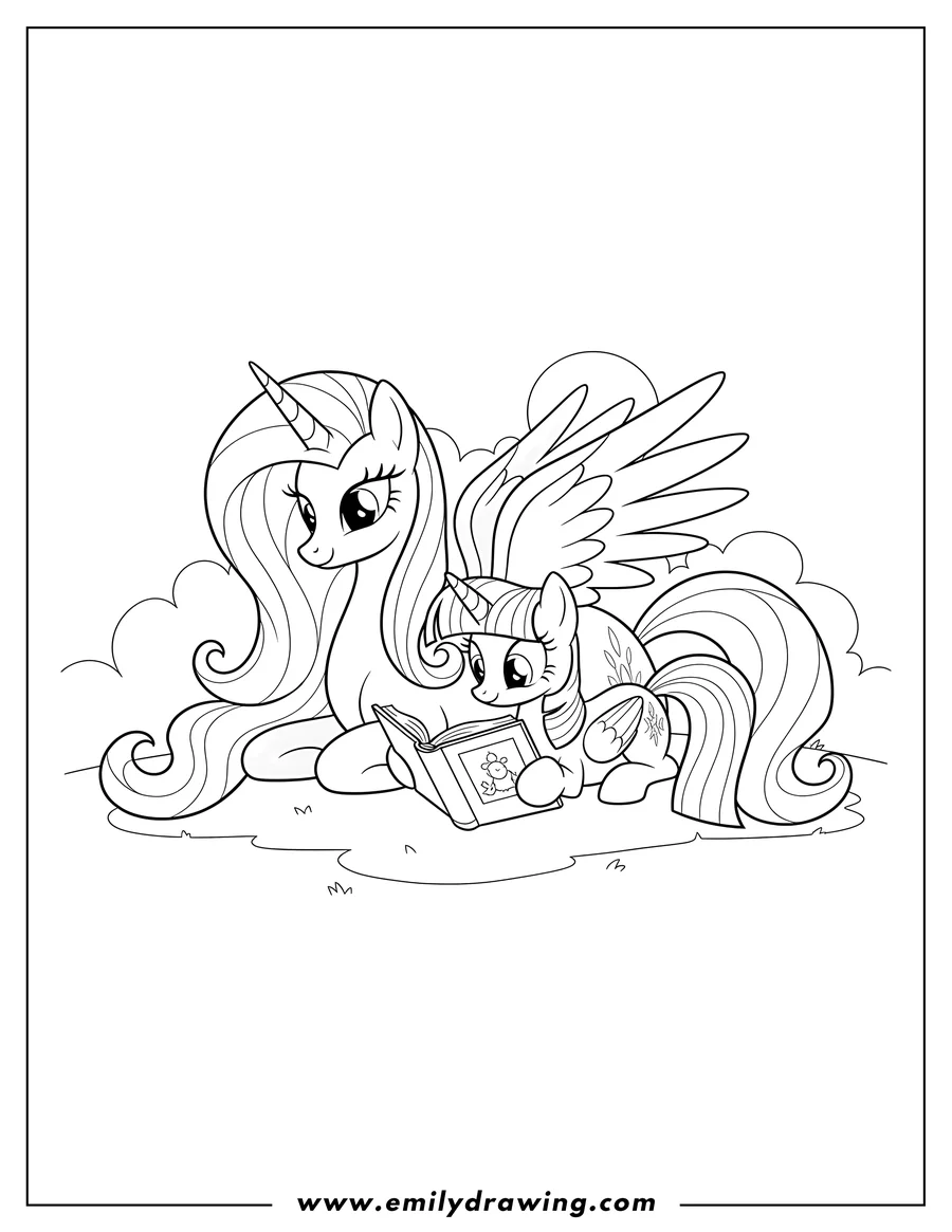 Outline drawing of princess Celestia and Twilight Sparkle lying down together as Twilight Sparkle reads a book
