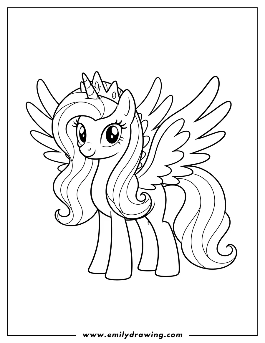 Doodle style coloring picture of simple Princess Celestia Preschoolers, wearing a crown and wings