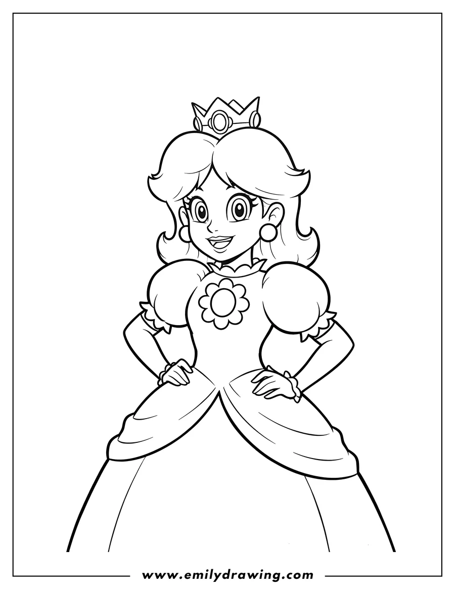 High quality printable simple Princess Daisy, smiling with hands on hips for coloring