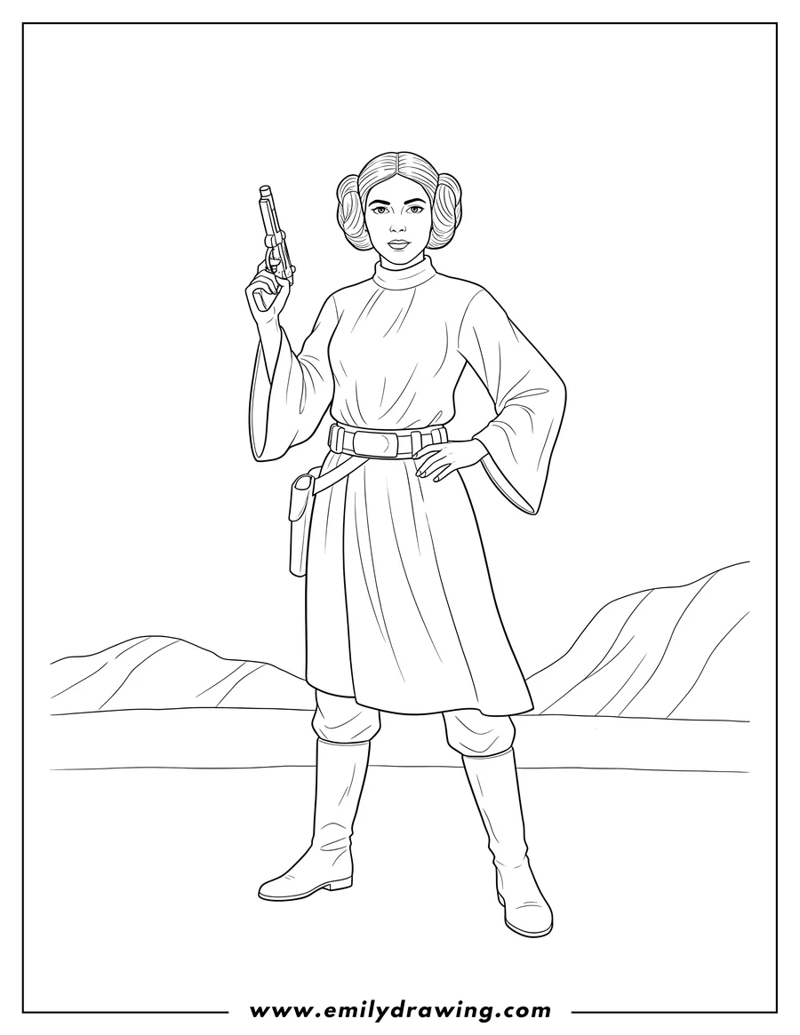 Doodle style coloring picture of princess Leia standing with blaster, left hand on hip