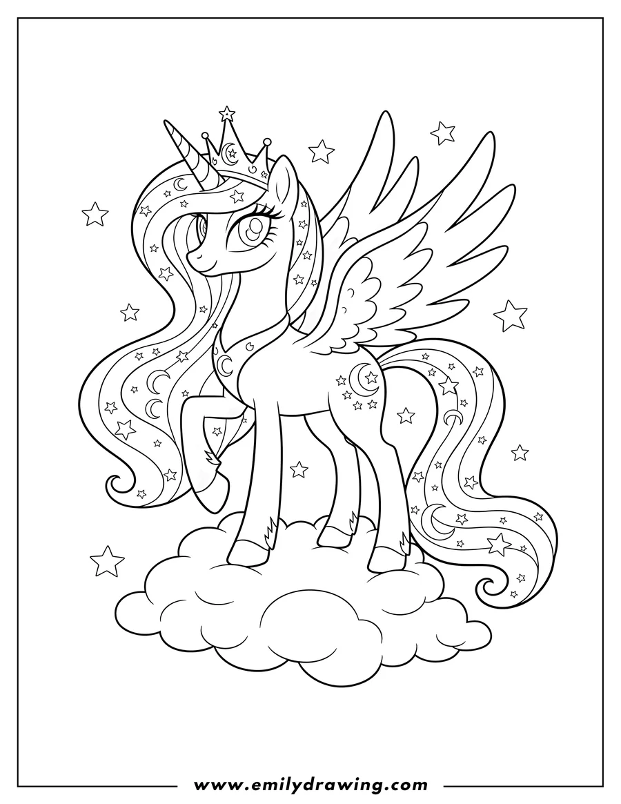 Linear illustration of princess Luna, a crowned and winged unicorn, with a flowing mane and tail