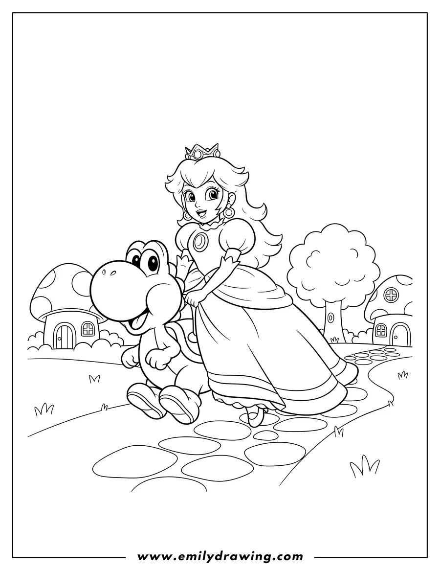 Coloring sheet featuring laughcreate 25 Scaled, Princess Peach riding Yoshi