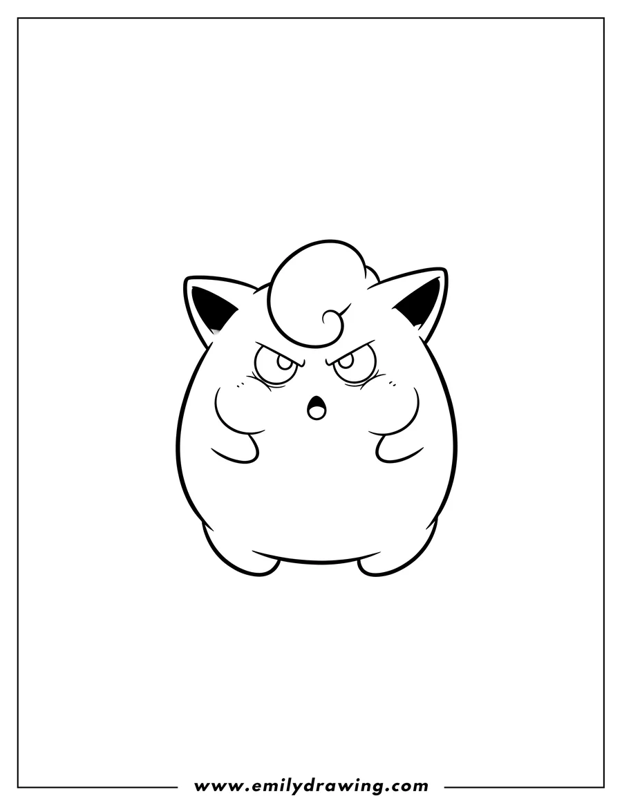 Printable line art of angry Jigglypuff with puffed cheeks and anger symbols