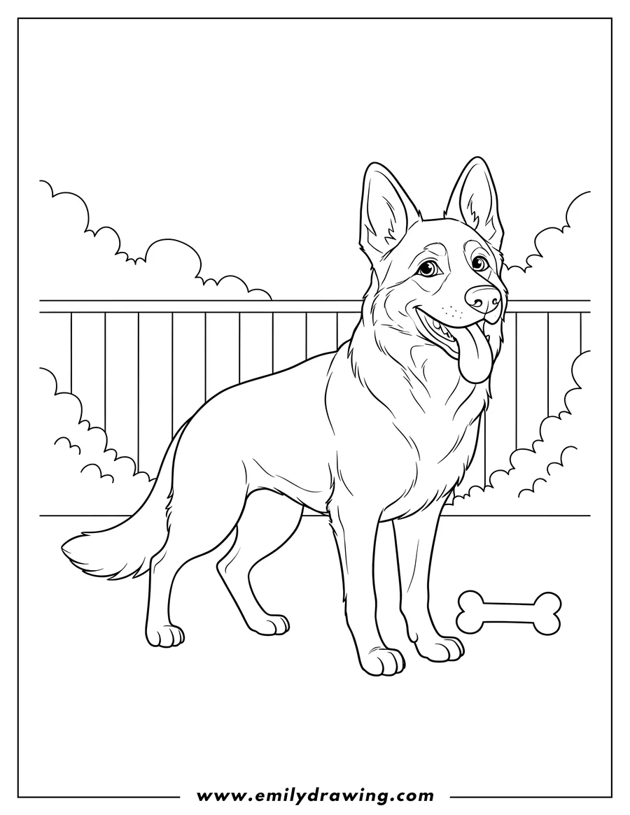 Free to print drawing of german Shepherd Standing in a Backyard, happy with its tongue out
