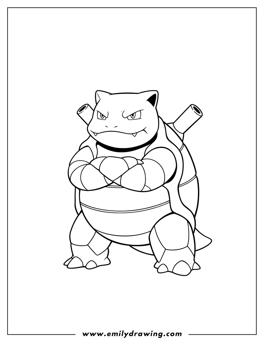 Printable coloring page of blastoise standing with a stern expression