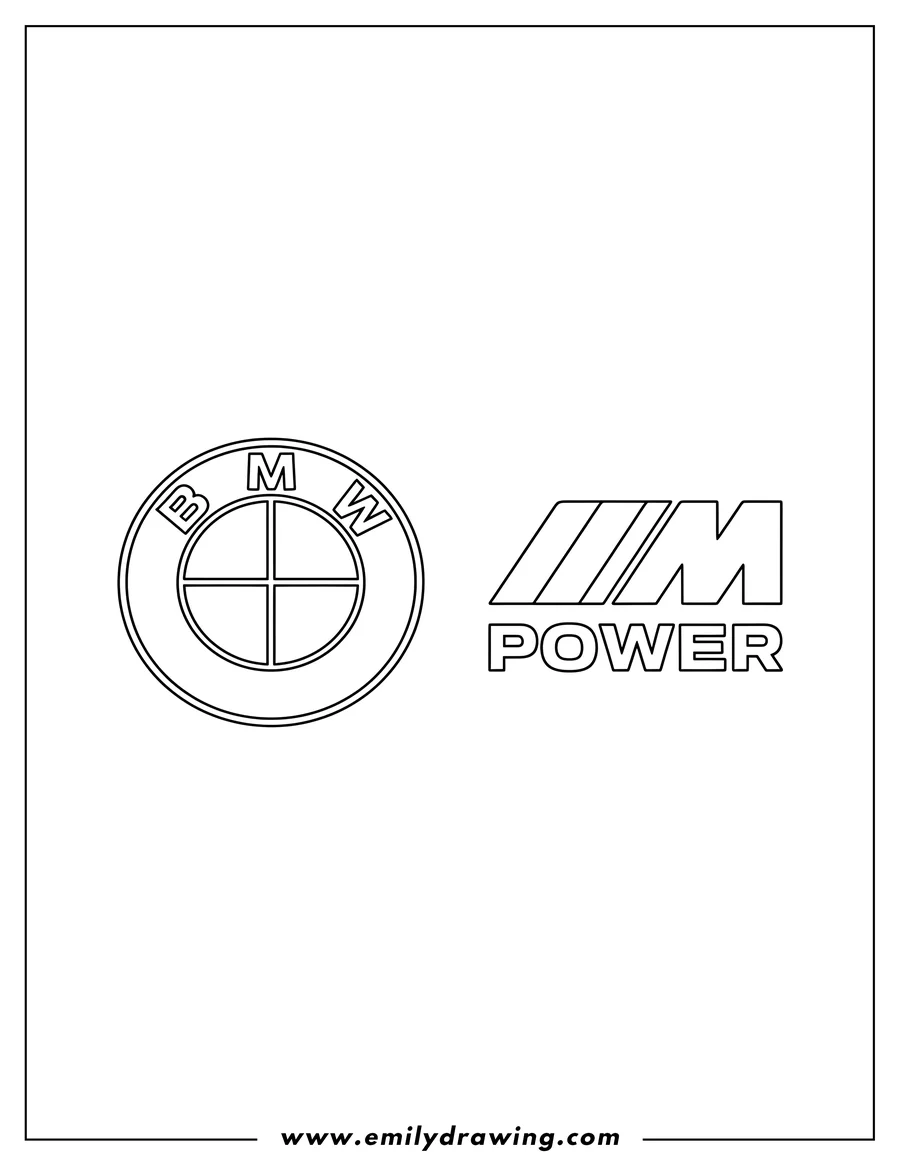 Doodle style coloring picture of BMW car logo and M Power logo, outline coloring page