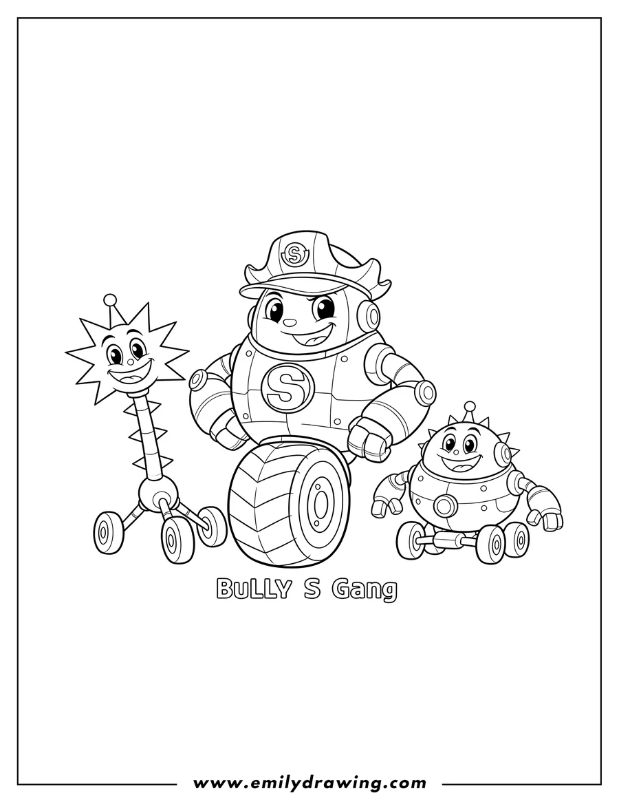 Coloring page of bully S Gang with two smiling, spiky robots on wheels