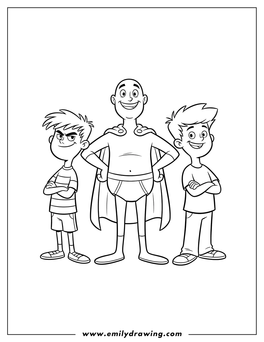 Simple sketch of captain Underpants Tv, smiling and posing with hands on hips, alongside George and Harold to color