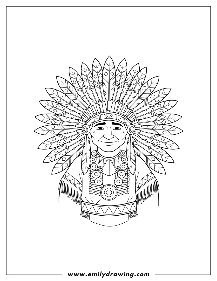 Clean line drawing: native American Indian Chief wearing a large feathered headdress and a detailed necklace