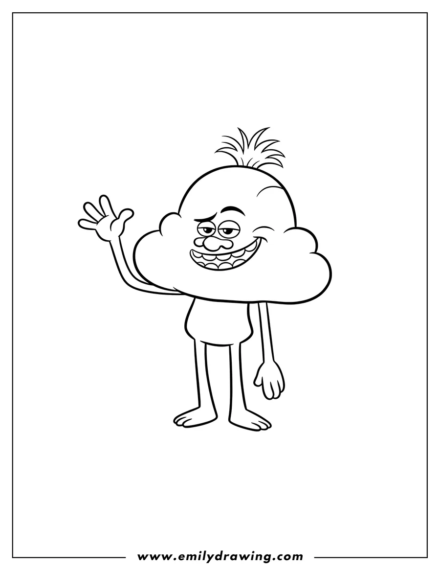 Printable coloring page of cloud Guy Troll Waving Hand with a sly smile, showing teeth