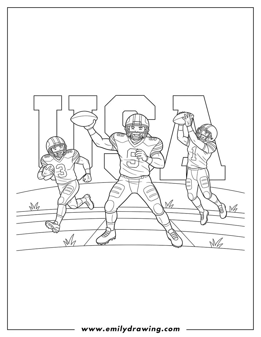 Printable line art of college Football players on the field with 'USA' letters