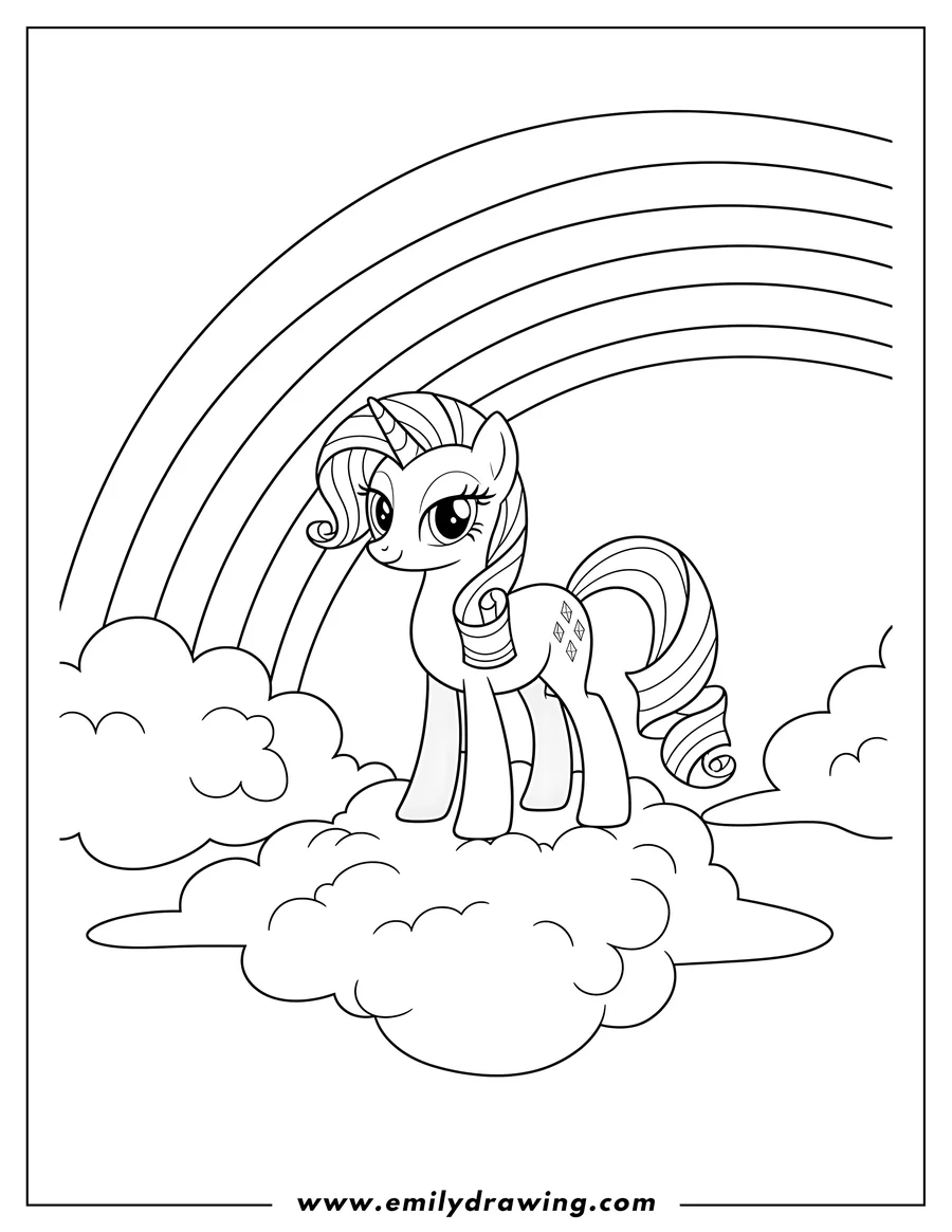 Free printable coloring sheet of cool Rarity standing on clouds with three diamonds cutie mark and a rainbow background