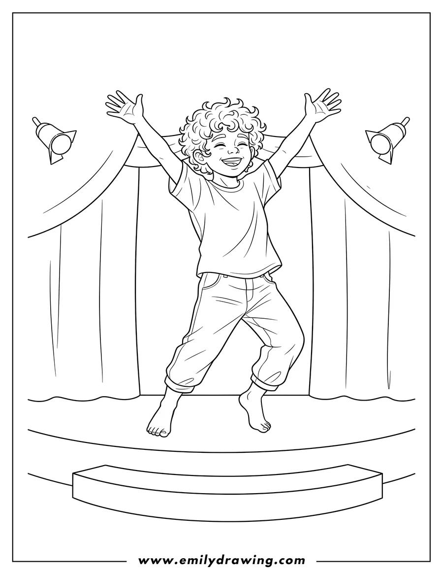 PDF style coloring page: outline curly-haired boy dancing happily on a stage with arms raised