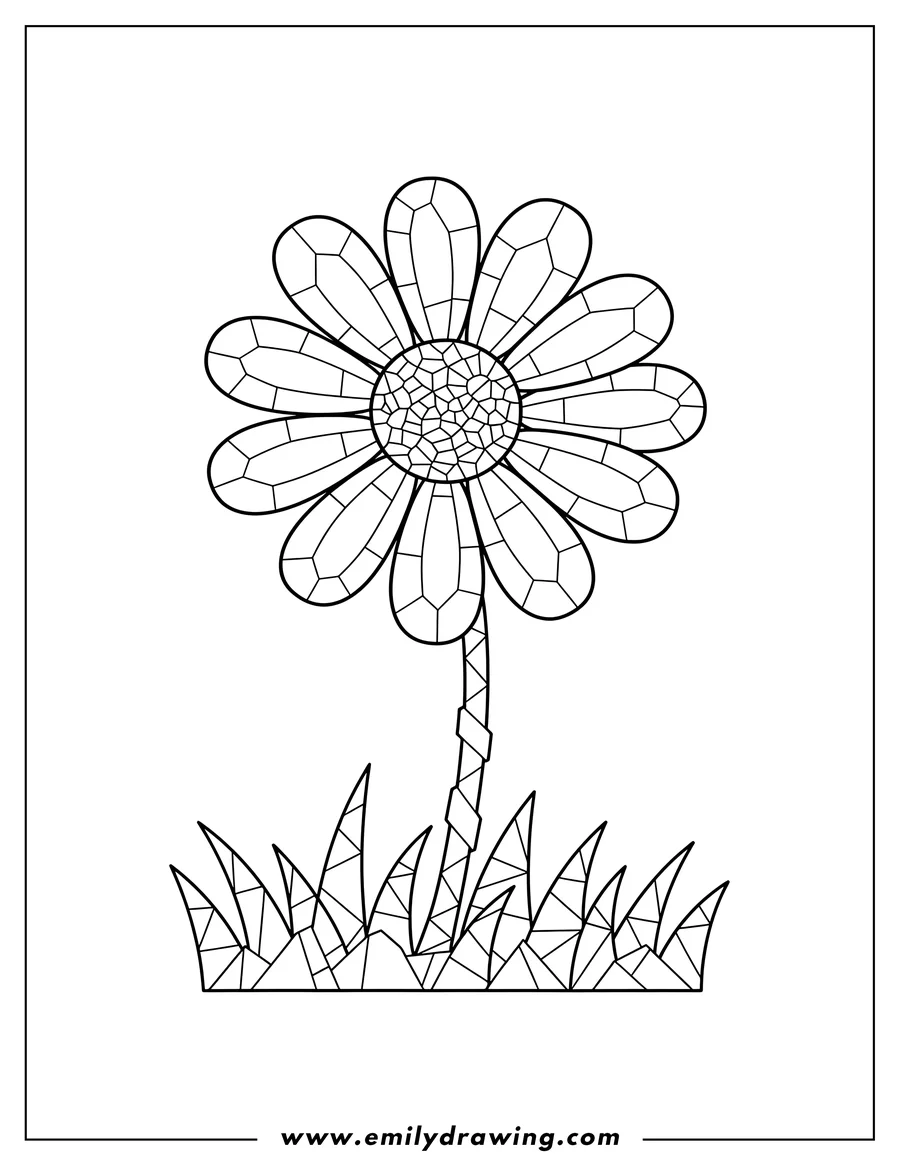 Coloring page of pretty Daisy with mosaic petals and stem, in mosaic grass