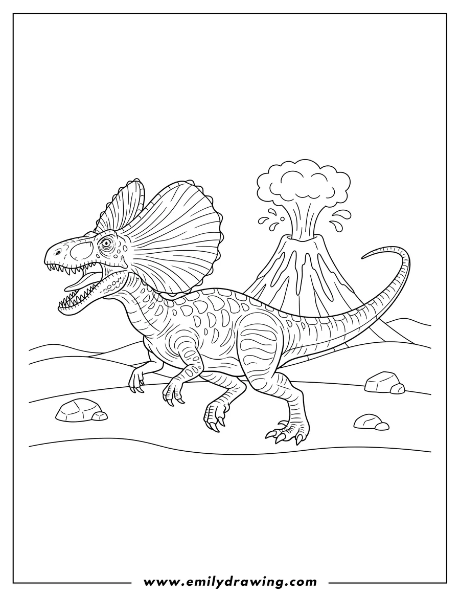 Simple sketch of dilophosaurus with extended frills and open mouth running away from a volcano to color