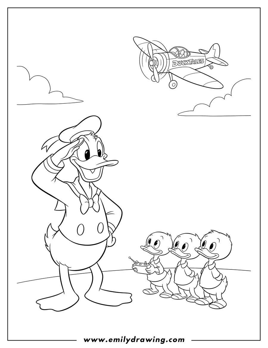Coloring sheet featuring donald Duck saluting with Huey, Louie, and Dewey, one holding a remote control, watching an airplane flying from Duck Tales