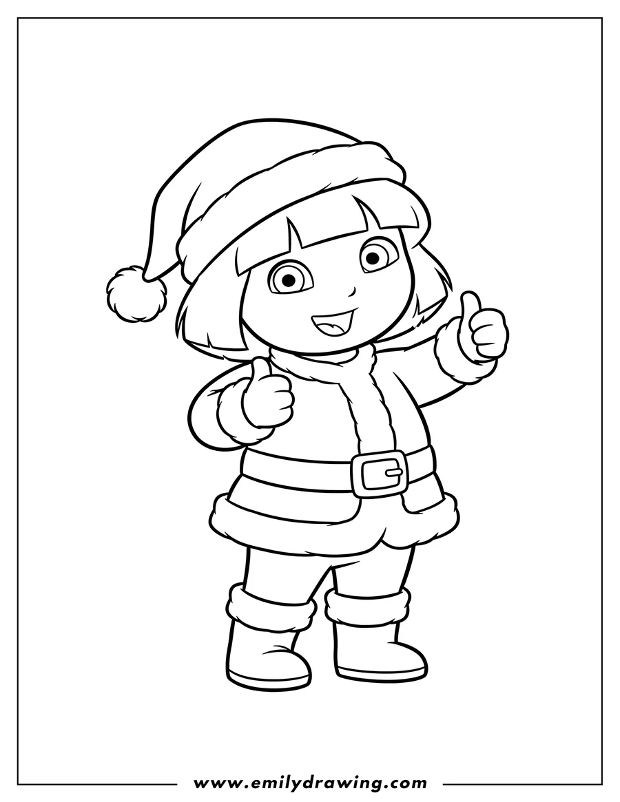 Vector style outline of dora in a Santa Suit, smiling and giving thumbs up