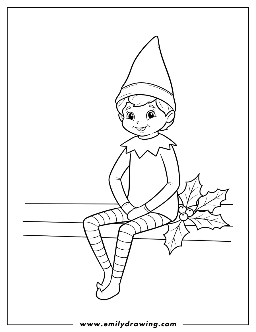Clean line drawing: an Elf On Shelf sitting with crossed legs, with holly