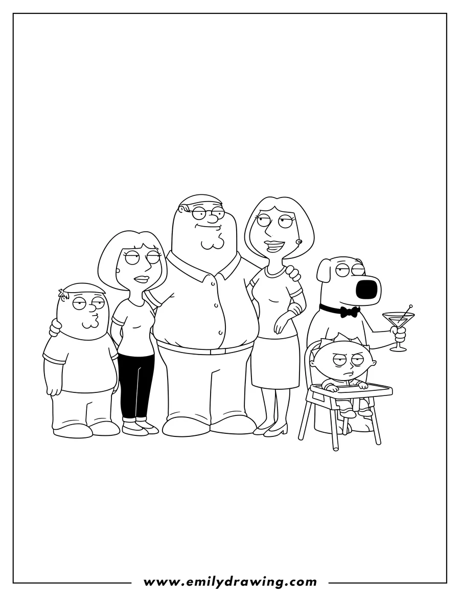 Clean line drawing: family Guy Peter Lois Chris Meg Brian And Stewie, with Brian holding a martini, Lois holding Peter's arm, and Stewie looking grumpy
