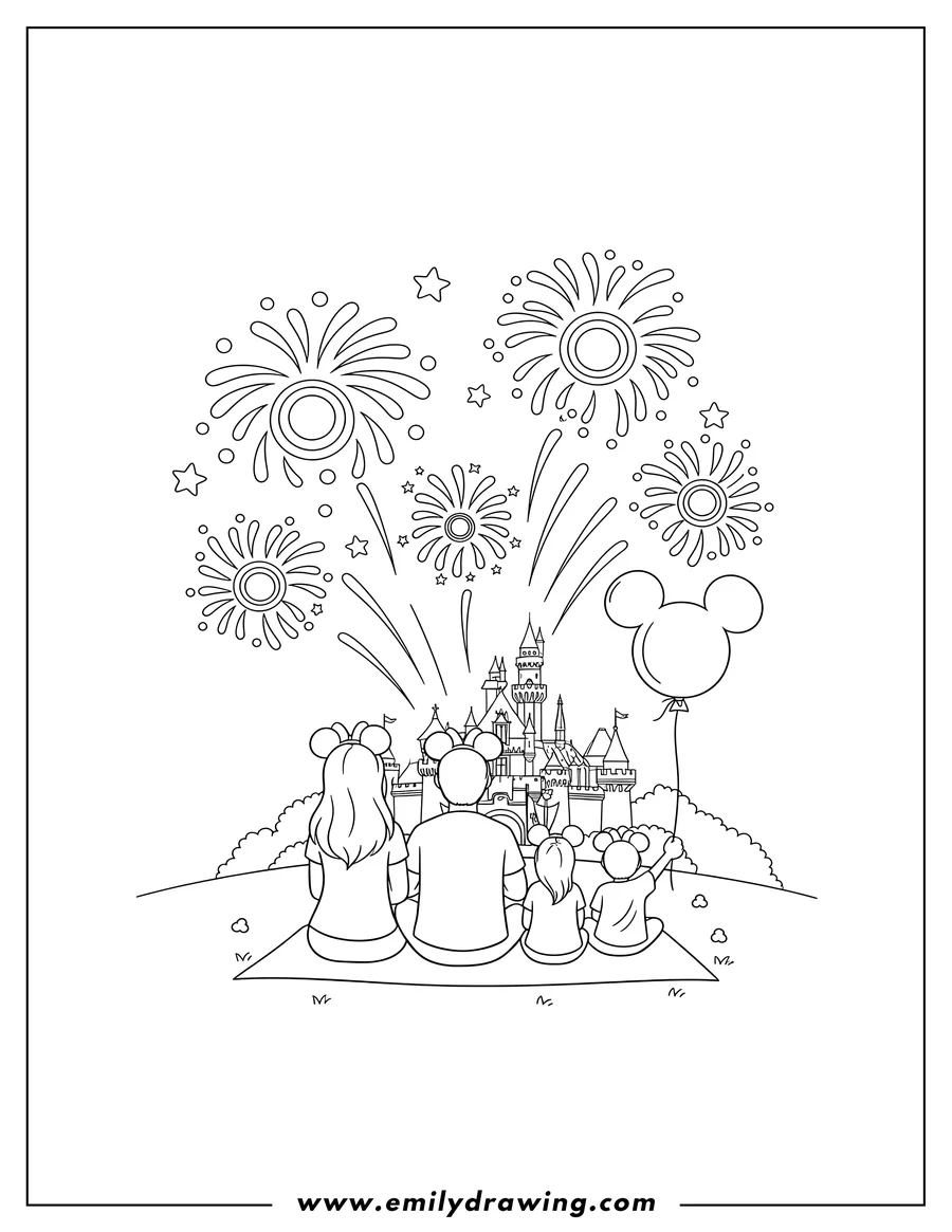 Vector style outline of family in Mickey ears, sitting and watching fireworks at Disneyland, with a Mickey balloon