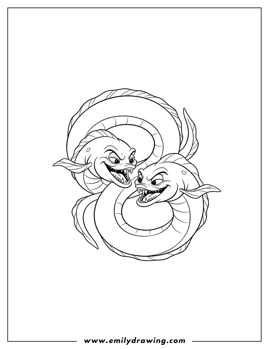 Simple sketch of flotsam and Jetsam eels outline, smiling mischievously to color