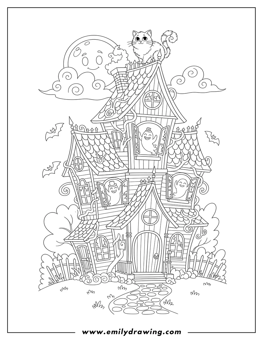 Simple sketch of haunted house coloring page with a cat on the roof and ghosts in the windows to color