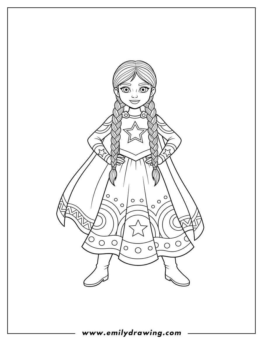 Clean line drawing: hero Girl with braided pigtails and a long, patterned dress