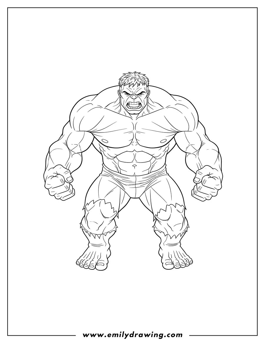 Outline drawing of hulk in a powerful stance, with an angry expression